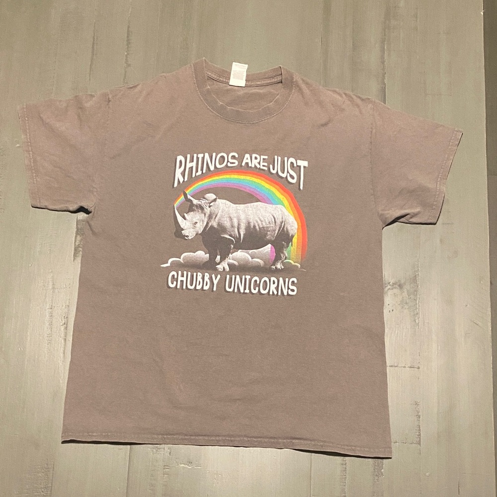 Gray T-Shirt with Rhino and Rainbow Design